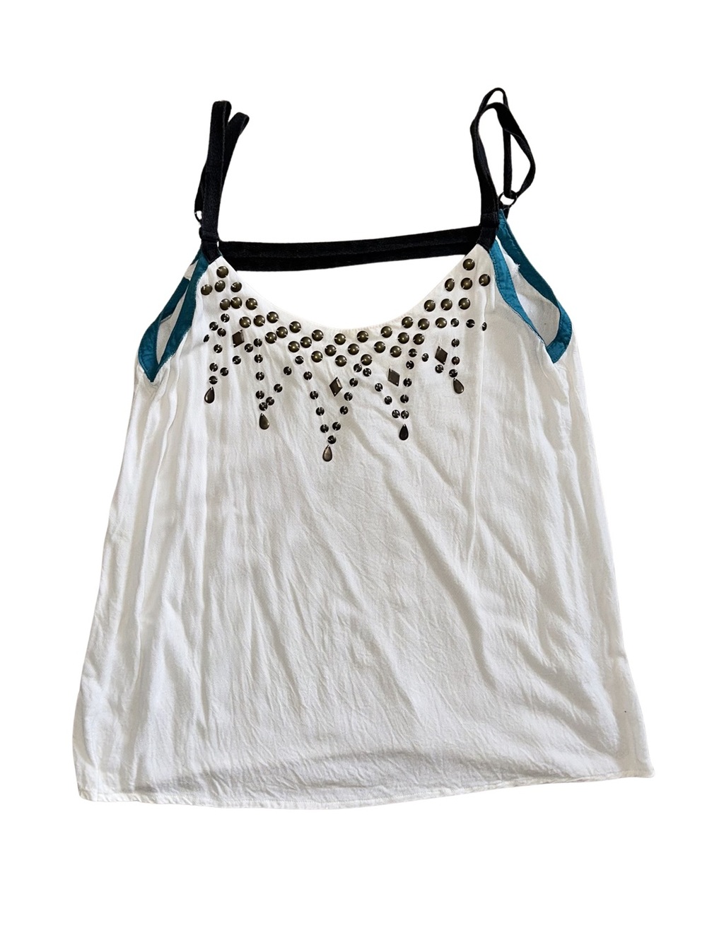 Metropark White Stud-Embellished Camisole with Black Trim and Teal Accents